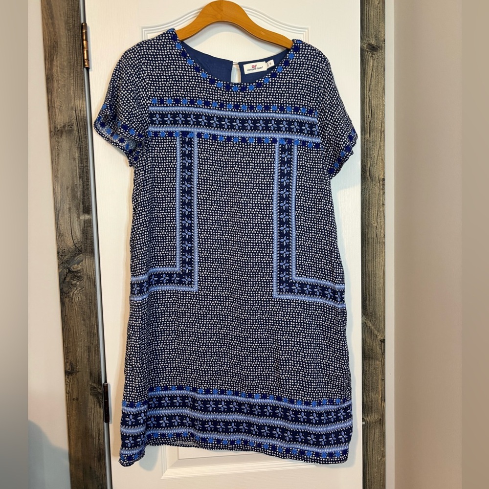 Vineyard Vines navy and cobalt printed mini linen blend shift dress size 12